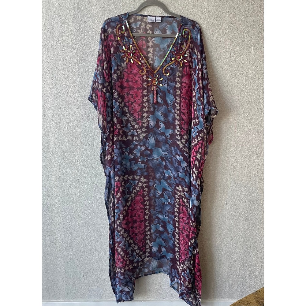 Indian Tropical Fashion Women Kaftan One Size Purple Rayon Butterfly Sequin Boho